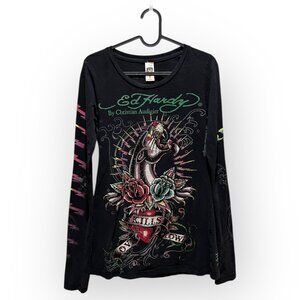 Vintage Ed Hardy Panther & Roses Long Sleeve T-Shirt Rhinestones Bedazzled Y2K